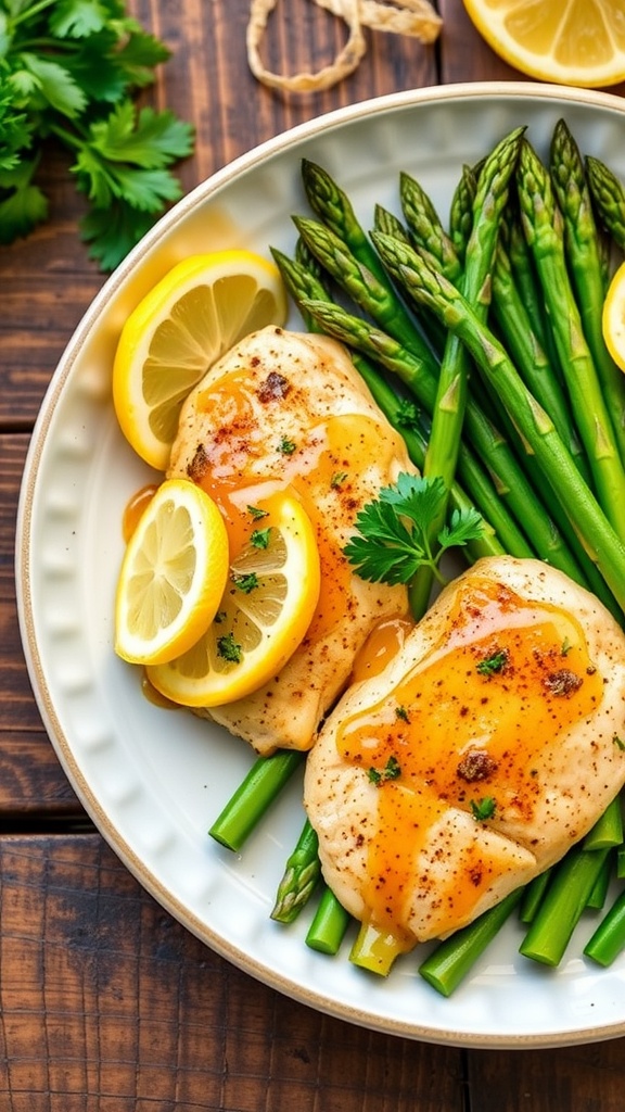 Lemon garlic asparagus chicken dish with chicken breasts, asparagus, garnished with parsley and lemon slices.